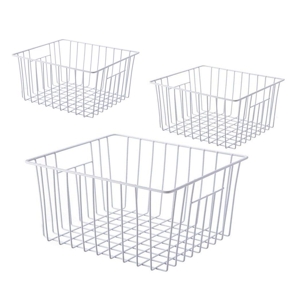 Freezer Wire Baskets - 3-Pack Pearl White Kitchen Organizer Bins with Handles